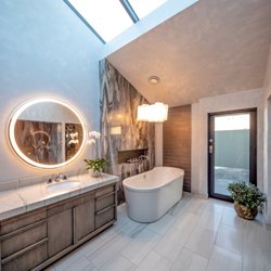 Amy Small Design - Corral de Tierra, CA Main bath remodel with custom vanity design, custom round lit mirror and Venetian plaster wall treatment