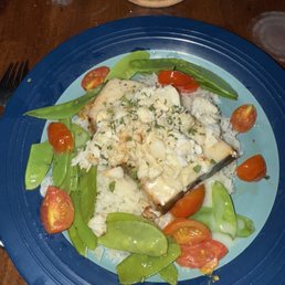 GRILLED SWORDFISH W/ CRAB Jumbo Lump Blue Crab, Roasted Tomatoes, Snow Peas & Lemon Butter