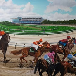 US Post Office - Aqueduct Racetrack mural for Ozone Park Post Office with an airplane taking off from nearby John F. Kennedy Airport.