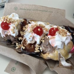 BJ's Ice Cream Parlor - Banana split that was filled a little too full. No complaints!