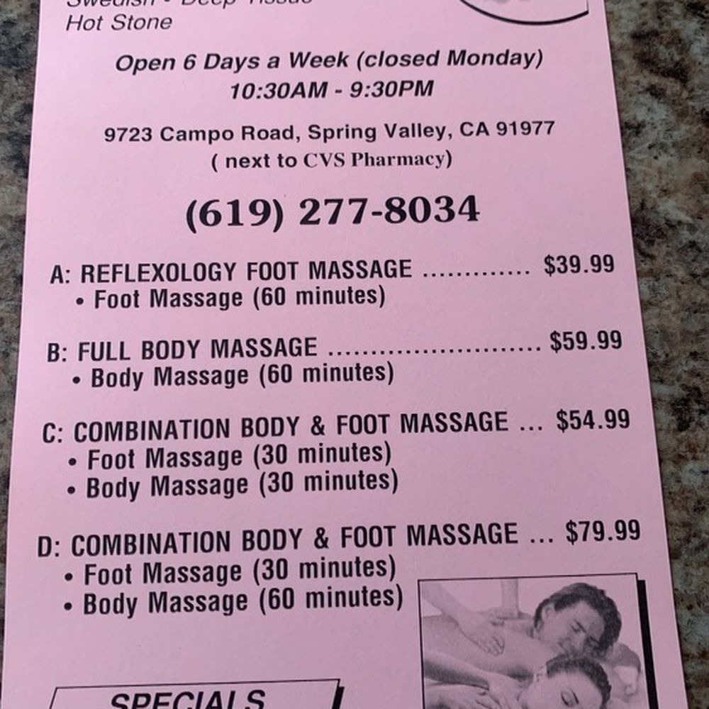 Asian Foot Massage Spa - Menu - Massage Near Me - Spring Valley, California