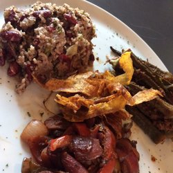 Ernest - Jerk okra, rice and beans, roasted veg and crispy plantain.