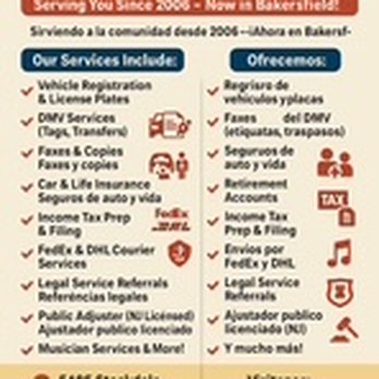 A 1 Express - REGISTRATION SERVICES
TAX PREPARATION
INSURANCE SERVICES - Registration Services Near Me - Bakersfield, California A 1 Express - REGISTRATION SERVICES
TAX PREPARATION
INSURANCE SERVICES - Registration Services Near Me - Bakersfield, California