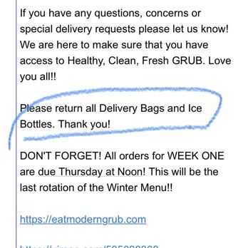 Modern Grub - Request in delivery email to return the bags and bottles. - Food Delivery Services Near Me - Bakersfield, California Modern Grub - Request in delivery email to return the bags and bottles. - Food Delivery Services Near Me - Bakersfield, California