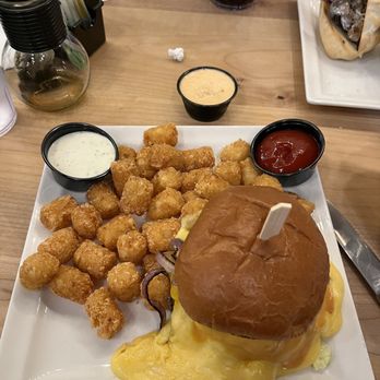 Masonry Grill - Their Super Cheese Smash Burger with tots! - Burgers Near Me - Salem, Oregon Masonry Grill - Their Super Cheese Smash Burger with tots! - Burgers Near Me - Salem, Oregon