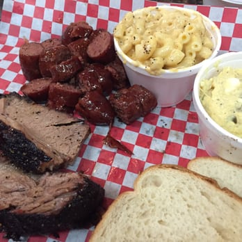 Winners BBQ - Two meat combo with brisket (so/so), sausage (awesome!), potato salad (blah), and mac n cheese (boring). - Barbeque Near Me - Plano, Texas Winners BBQ - Two meat combo with brisket (so/so), sausage (awesome!), potato salad (blah), and mac n cheese (boring). - Barbeque Near Me - Plano, Texas