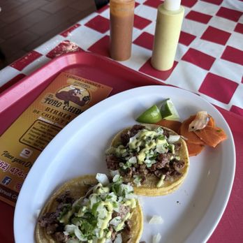 Birrieria El Toro Chido - Asada Tacos with Red-Green side salsa, & fermented, carrot, and onion - Tacos Near Me - Norwalk, California