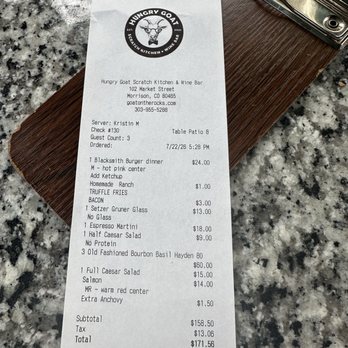 Hungry Goat Scratch Kitchen & Wine Bar - Final bill - Wine Bars Near Me - Morrison, Colorado
