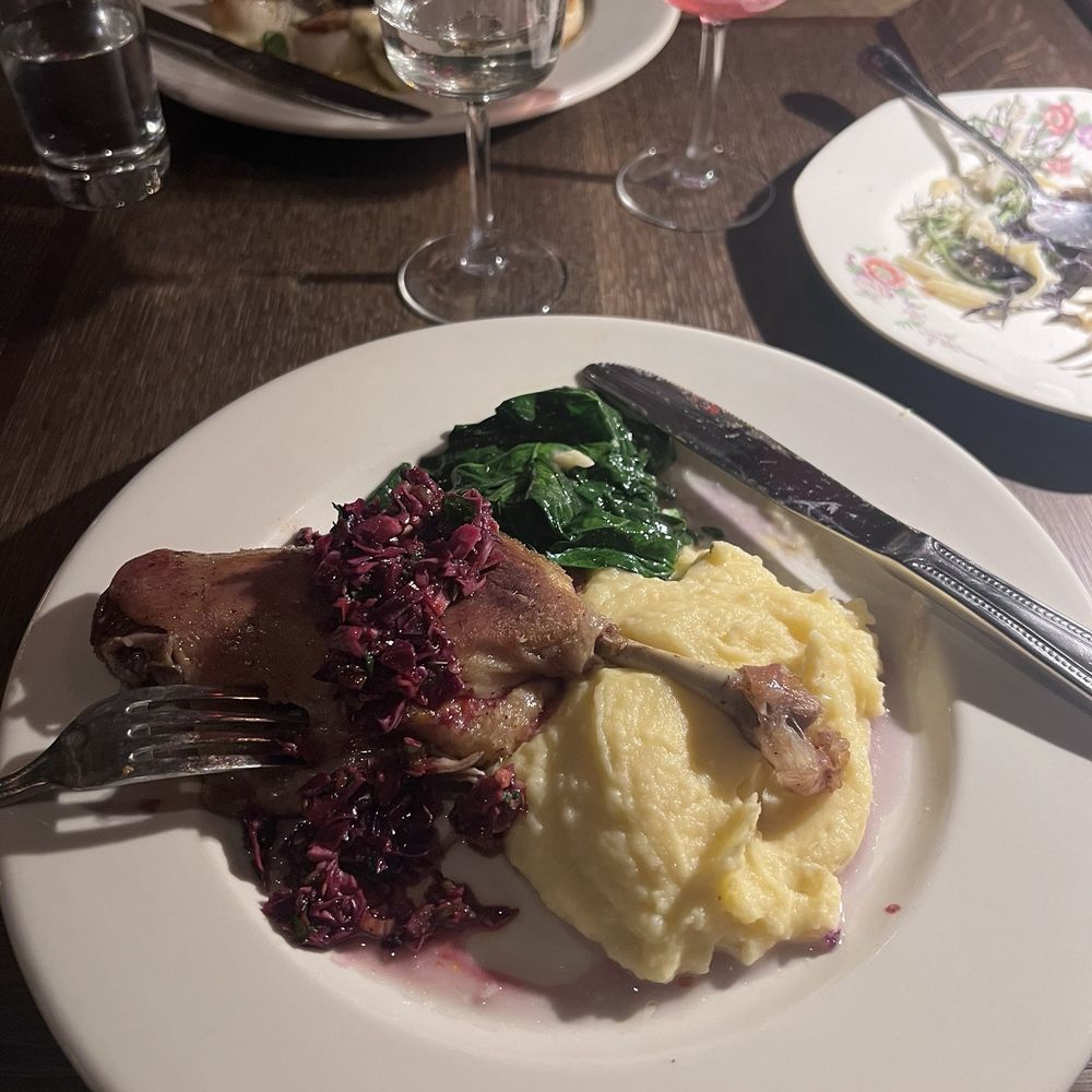 Finn Bar - Duck leg confit with rutabaga-mashed potatoes, spinach & chili-cabbage salsa - Beer, Wine & Spirits Near Me - Frenchtown, New Jersey Finn Bar - Duck leg confit with rutabaga-mashed potatoes, spinach & chili-cabbage salsa - Beer, Wine & Spirits Near Me - Frenchtown, New Jersey
