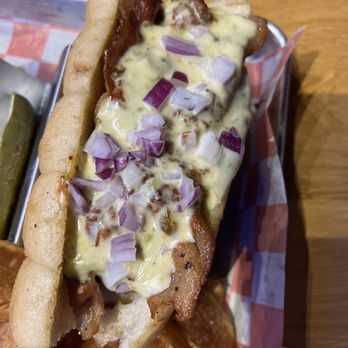 The Angry Elephant - 1/4 lb. LBJ Chili Cheese Texas Works Dog - American Near Me - San Antonio, Texas The Angry Elephant - 1/4 lb. LBJ Chili Cheese Texas Works Dog - American Near Me - San Antonio, Texas
