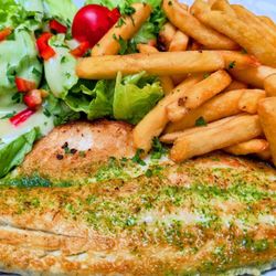 Bar El Campo - Sauteed sea bass with Persillade (parsley) sauce, frites & salad