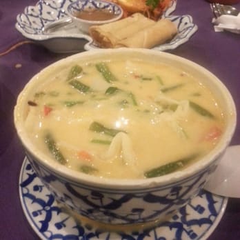 Thai Papaya Garden - Veggie Tom Kha and egg rolls in the background - Thai Near Me - Euless, Texas Thai Papaya Garden - Veggie Tom Kha and egg rolls in the background - Thai Near Me - Euless, Texas