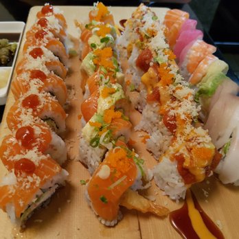 Aloha Sushi - L-R: Hot Night, $12.98 (HH $7.99), Alaskan, $11.98, (HH $6.99) Salmon Crunch, $10.98 (HH $5.99), Rainbow, $11.98 (HH $6.99) - Japanese Near Me - Azusa, California Aloha Sushi - L-R: Hot Night, $12.98 (HH $7.99), Alaskan, $11.98, (HH $6.99) Salmon Crunch, $10.98 (HH $5.99), Rainbow, $11.98 (HH $6.99) - Japanese Near Me - Azusa, California
