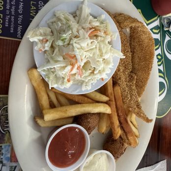 Oak Creek Cafe - Catfish corn meal batter seasoned just right, slaw and golden fries - American Near Me - Dripping Springs, Texas Oak Creek Cafe - Catfish corn meal batter seasoned just right, slaw and golden fries - American Near Me - Dripping Springs, Texas