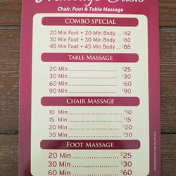 Massage Oasis - Prices as of July 2019 (have been the same for at least one year).