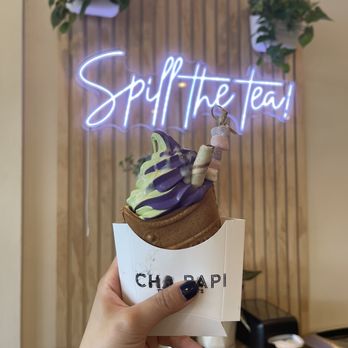 Cha Papi - Ube and matcha twist on taiyaki drizzled with condensed milk topped with wafer and mochi - Donuts Near Me - West Hartford, Connecticut Cha Papi - Ube and matcha twist on taiyaki drizzled with condensed milk topped with wafer and mochi - Donuts Near Me - West Hartford, Connecticut