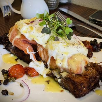 CRAFTkitchen - Smoked Salmon Benedict on potato cakes - New American Near Me - Henderson, Nevada CRAFTkitchen - Smoked Salmon Benedict on potato cakes - New American Near Me - Henderson, Nevada