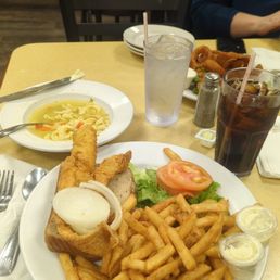 Walleye sandwich with fries. Plus chicken noodle soup. Walleye sandwich with fries. Plus chicken noodle soup.