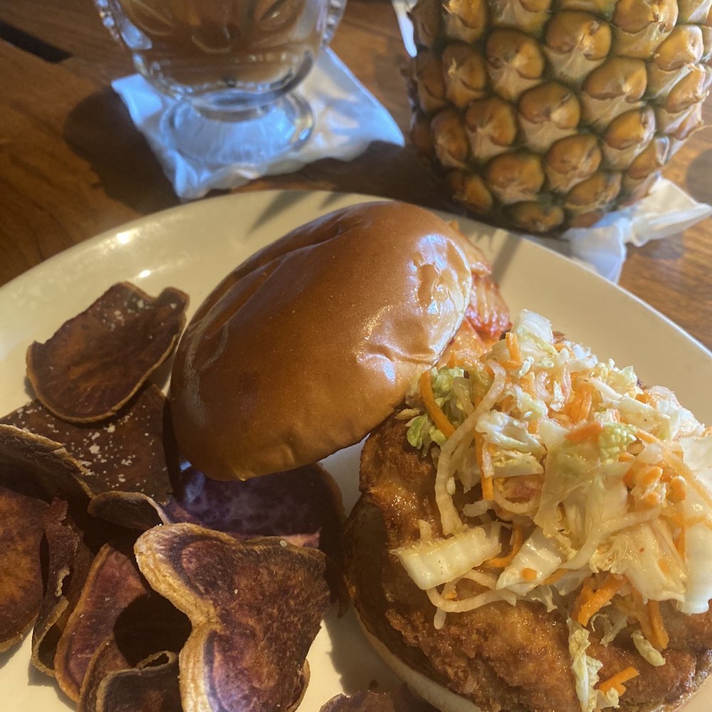 Keoki's Paradise - Korean fried chicken sandwich with kimchee slaw and  kalo chips - Seafood Near Me - Koloa, Hawaii