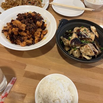 Chuan Cafe - M10. Spicy Chongqing Chicken P1. Dry Fried Eggplant - Szechuan Near Me - Raleigh, North Carolina