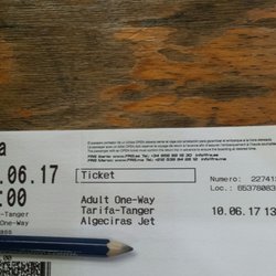 Puerto Algeciras - One way ticket to Tangier, Morroco - Northern Africa. €39.00/$43.64US. Bus to Tarifa, Spain then fast ferry to Tangier. Hopefully it's fast.