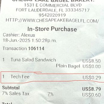 Chesapeake Bagel Bakery - Tech Fee.... Errrr!!!!! - Bagels Near Me - Fort Lauderdale, Florida Chesapeake Bagel Bakery - Tech Fee.... Errrr!!!!! - Bagels Near Me - Fort Lauderdale, Florida