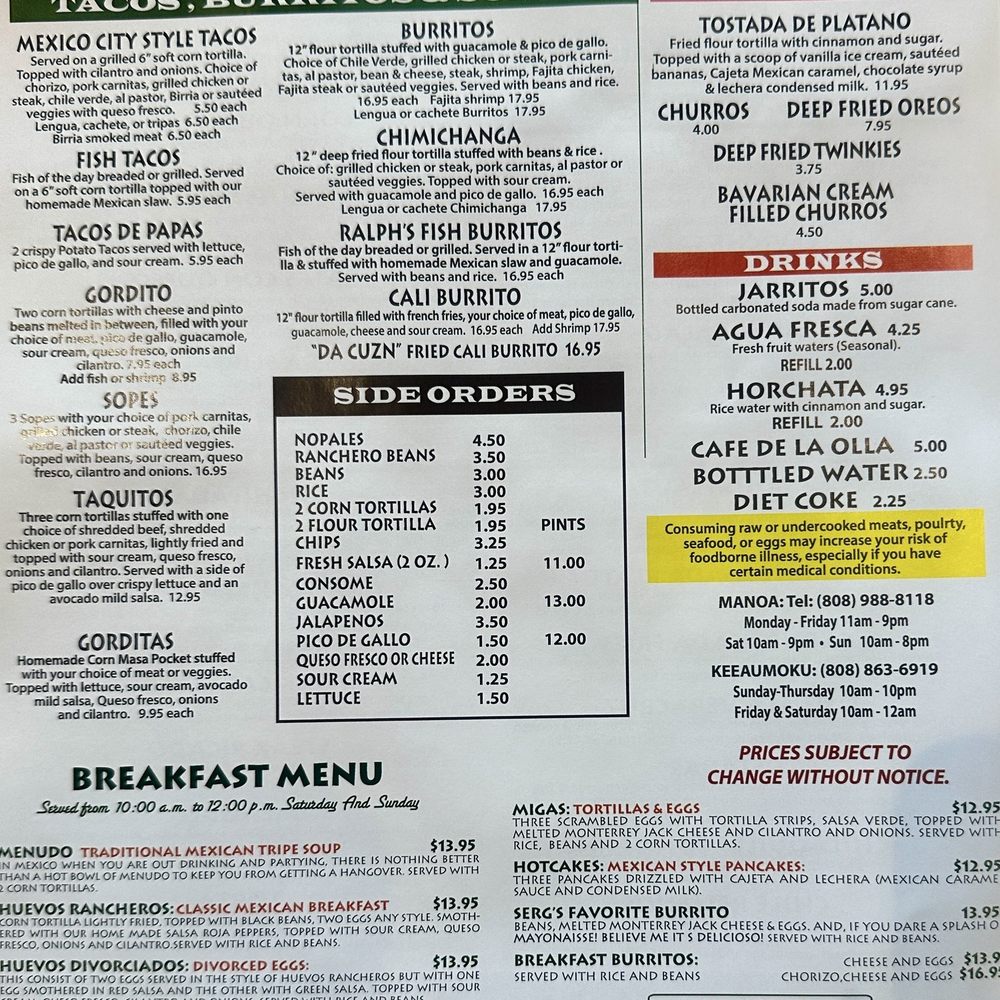 Serg’s Mexican Kitchen - Menu 01/09/26 - Mexican Near Me - Honolulu, Hawaii Serg’s Mexican Kitchen - Menu 01/09/26 - Mexican Near Me - Honolulu, Hawaii