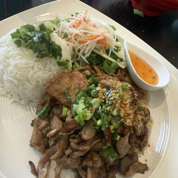 Monsoon - We got a BBQ chicken rice plate with some scallion oil on the rice, veggie on the side and a sweet sauce that you pour over everything - Vietnamese Near Me - Piedmont, California