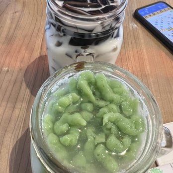 Little House Restoran - Top: Homemade Soymilk with Grass Jelly Bottom: Iced Cendol - Malaysian Near Me - Brooklyn, New York Little House Restoran - Top: Homemade Soymilk with Grass Jelly Bottom: Iced Cendol - Malaysian Near Me - Brooklyn, New York