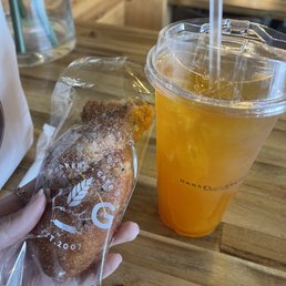 Mochi twisted donut, iced mango berry tea