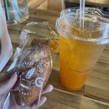 Hansel & Gretel Bakery Cafe - Mochi twisted donut, iced mango berry tea - Bakeries Near Me - Suwanee, Georgia