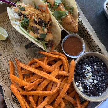 Pacific Catch - Traditional Baja and sriracha steak tacos with sweet potato fries! - Seafood Near Me - San Francisco, California