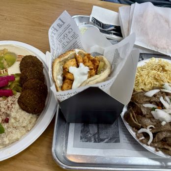 De Babel - Mezza Platter, Chicken Tawook Sandwich and Gyro platter with rice - Mediterranean Near Me - Scottsdale, Arizona