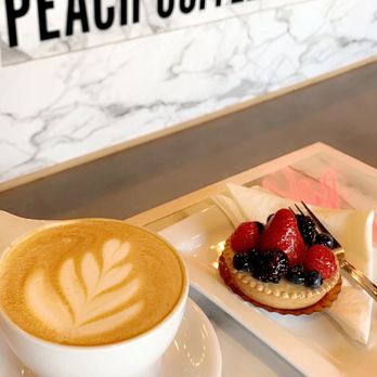 Peach Coffee Roasters - Vanilla Latte and Fruit Tart - Coffee Roasteries Near Me - Johns Creek, Georgia