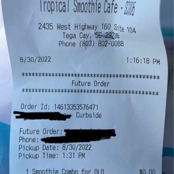 Tropical Smoothie Cafe - Today's receipt. Clearly says "curbside. I think the staff is just ignoring it. - Sandwiches Near Me - Tega Cay, South Carolina Tropical Smoothie Cafe - Today's receipt. Clearly says "curbside. I think the staff is just ignoring it. - Sandwiches Near Me - Tega Cay, South Carolina