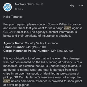 Montway Auto Transport - Email chain from Montway pushing responsibility on to the carrier they hired. - Vehicle Shipping Near Me