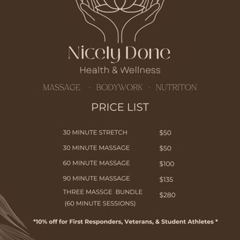 Nicely Done Health & Wellness - Price List / Services - Massage Therapy Near Me - Orange Beach, Alabama Nicely Done Health & Wellness - Price List / Services - Massage Therapy Near Me - Orange Beach, Alabama