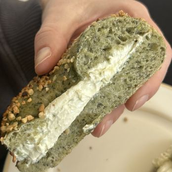 Bagels Plus - Spinach garlic bagel with scallion cream cheese - Bagels Near Me - North Conway, New Hampshire