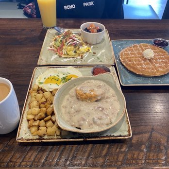 First Watch - Biscuits and gravy, Tex mex eggs, and a waffle. It was all very delicious. - Breakfast & Brunch Near Me - Cedar Park, Texas First Watch - Biscuits and gravy, Tex mex eggs, and a waffle. It was all very delicious. - Breakfast & Brunch Near Me - Cedar Park, Texas