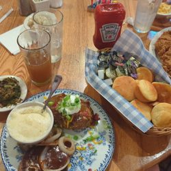 Cracker Barrel Old Country Store - Hamburger steak fried Chicken biscuits and sides