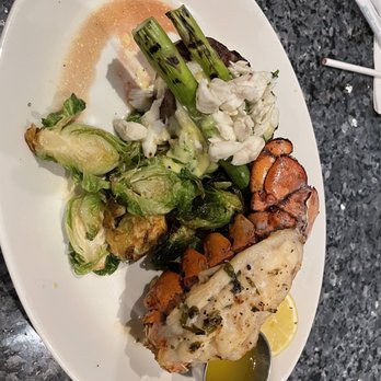 Ray's On the River - Filet Mignon Oscar & Lobster Tail with  Brussels Sprouts & Cauliflower - Seafood Near Me - Sandy Springs, Georgia