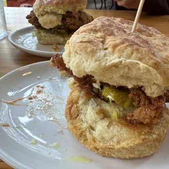 Bomb Biscuit - Hot Honey Chicken Biscuit (front) and Lemon Pepper Chicken Biscuit (back) - Breakfast & Brunch Near Me - Atlanta, Georgia Bomb Biscuit - Hot Honey Chicken Biscuit (front) and Lemon Pepper Chicken Biscuit (back) - Breakfast & Brunch Near Me - Atlanta, Georgia