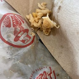 All the gristle I removed from one little chicken strip! All the gristle I removed from one little chicken strip!