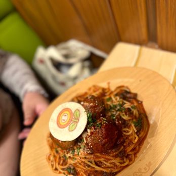 Toadstool Cafe - Fire Flower Spaghetti & Meatballs - $16.99 Spaghetti with mushroom marinara sauce, meatballs - Cafes Near Me - Universal City, California