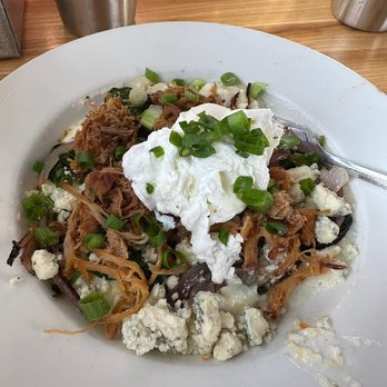 Cafe Berlin - Pulled Pork with blue cheese over grits. - Breakfast & Brunch Near Me - Columbia, Missouri