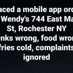 a black background with white text that reads, placed a mobile app holder to wendy's 74 east main st a black background with white text that reads, placed a mobile app holder to wendy's 74 east main st