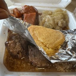 Ox tails, sweet potatoes, cabbage, and hot water cornbread Ox tails, sweet potatoes, cabbage, and hot water cornbread