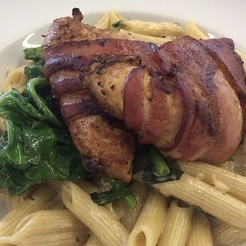 Amare By Chef Chris - Bacon wrapped chicken over penne pasta with walnut cream sauce and a side of rapini. - Italian Near Me - Angeles, PAM