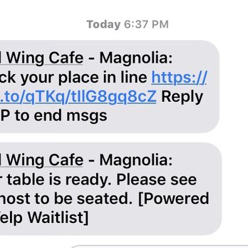 Wild Wing Cafe - Text messages from the Yelp waitlist.... - Chicken Wings Near Me - Greenville, South Carolina Wild Wing Cafe - Text messages from the Yelp waitlist.... - Chicken Wings Near Me - Greenville, South Carolina