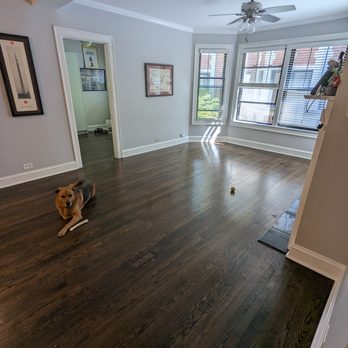 Chicago Flooring Pros - Before, main room. Dark stain - Flooring Near Me - Chicago, Illinois